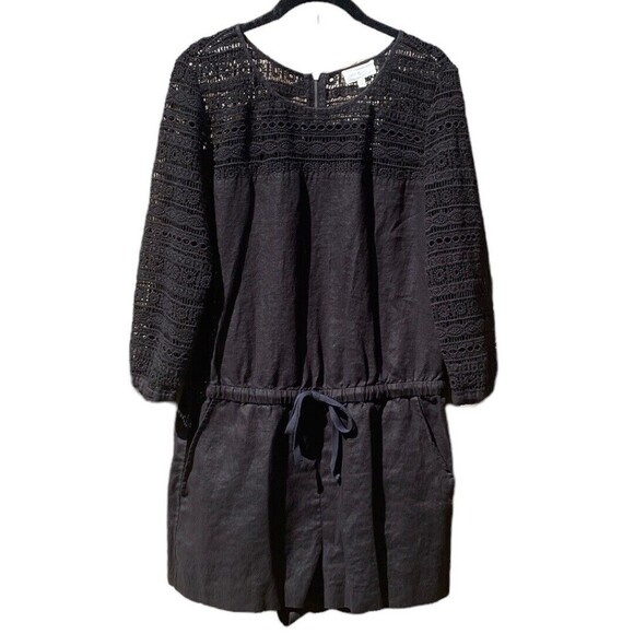 Lou and Grey Romper Womens 6 Black Linen Crochet Lace Elastic Drawstring Waist - Picture 1 of 16